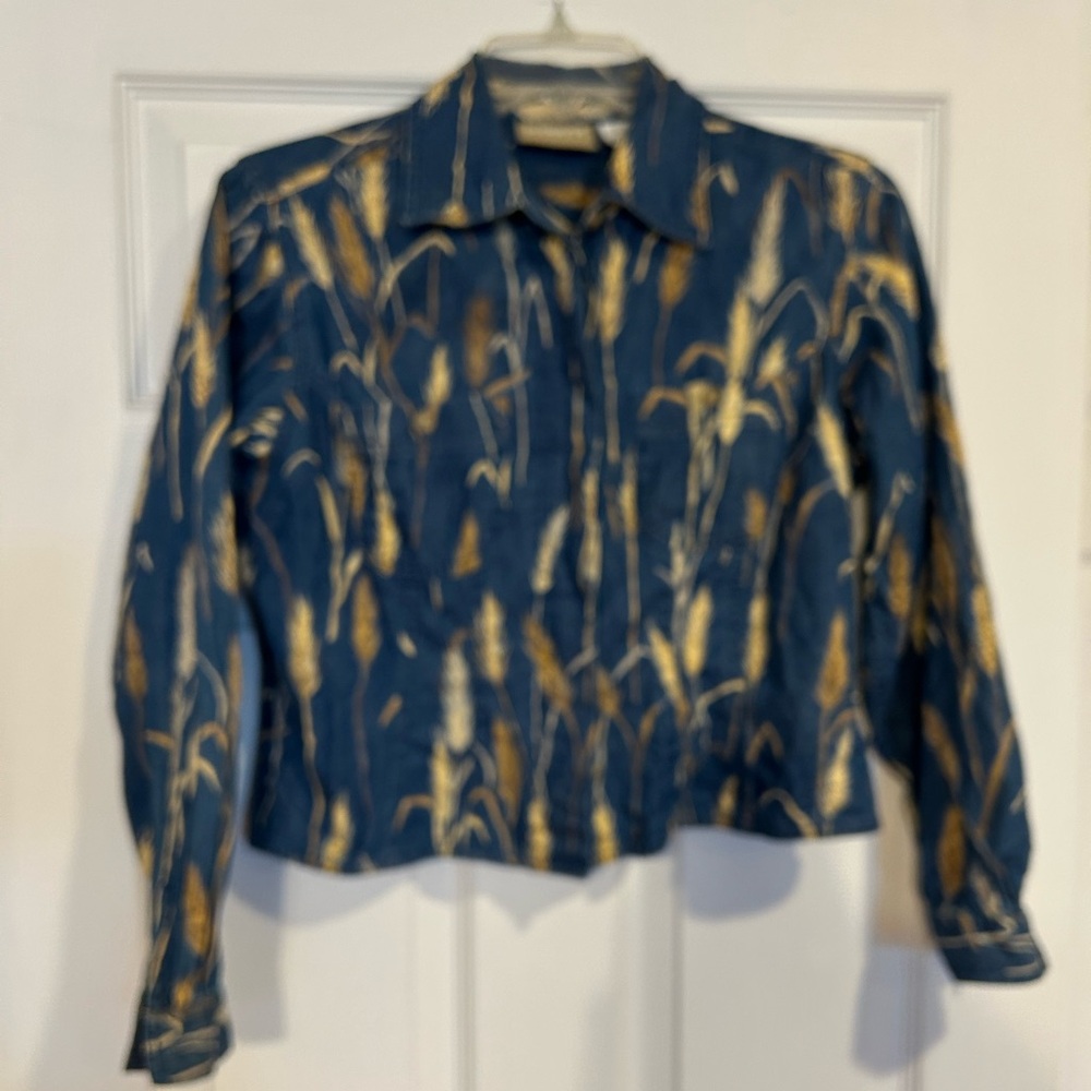 Liz Claiborne Blue Cropped Denim Jacket with Gold Wheat Print